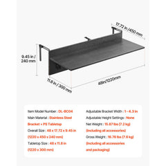 Balcony Hanging Table, 12 x 48 in Folding Balcony Railing Table, Outdoor Balcony Bar Table for Railings, 50 lbs Loading, Fit Railing from 1" to 4.3", Serving Table for Patio & Deck