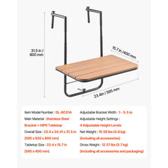 Balcony Hanging Table, 595 x 400 mm Folding Balcony Railing Table, Outdoor Balcony Bar Table for Railings, 4-Level Adjustable, Fit Railing from 1" to 8.27", Serving Table for Patio & Deck