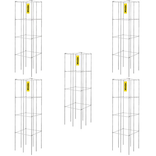 Tomato Cages, 30 x 30 x 117 cm, 5 Packs Square Plant Support Cages, Silver PVC-Coated Steel Tomato Towers for Climbing Vegetables, Plants, Flowers, Fruits