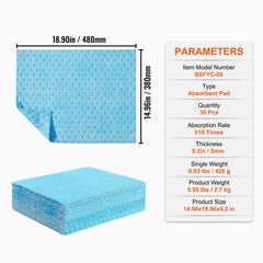 Spill Absorbent Pads, Water Absorbing Mat Pad in Dispenser Box, 6 Gal Capacity, 15" L x19" W Polypropylene Absorbent Pad for Water, 30 pcs per Box