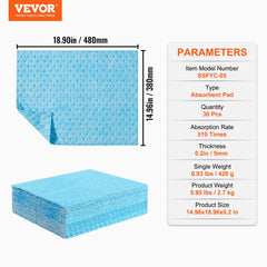 Spill Absorbent Pads, Water Absorbing Mat Pad in Dispenser Box, 6 Gal Capacity, 15" L x19" W Polypropylene Absorbent Pad for Water, 30 pcs per Box