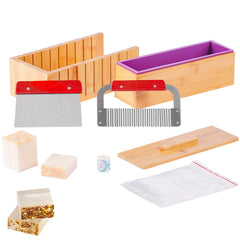 Soap Making Kit, Bamboo Cutting Box and Inner Box with Silicone Mold, Stainless Steel Straight Cutter and Wavy Cutter, 100 Bags and 105 Stickers, Soap Making Supplies DIY Kits for Adults