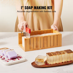 Soap Making Kit, Bamboo Cutting Box and Inner Box with Silicone Mold, Stainless Steel Straight Cutter and Wavy Cutter, 100 Bags and 105 Stickers, Soap Making Supplies DIY Kits for Adults