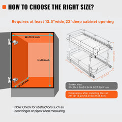 12"Wx21"Dx15"H Pull Out Cabinet Organizer, Heavy Duty Slide Out Pantry Shelves, Steel Roll Out Drawers, Sliding Drawer Storage for Home Under Sink, 13.5"Wx22"Dx18"H Install Size for Cabinet