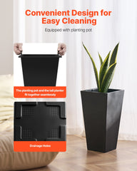Tall Planter, Set of 2 Tall Square Tapered Planters, 57 cm Large Modern Gardening and Flower Plastic Pots, Decorative Tall Black Planter with Drainage Hole, for Porch, Patio, Indoor & Outdoor