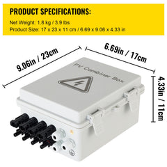PV Combiner Box, 4 String with 15A Rated Current Fuse, 63A Circuit Breaker, Lightning Arreste Connector for On/Off Grid Solar Panel System, IP65