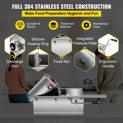 Manual Sausage Stuffer, 3 L / 7 LBS Horizontal Sausage Machine, Dual-Speed Meat Stuffer, Made of Food-Grade 304 Stainless Steel, Includes 5 Stuffing Tubes, for Home Kitchen Restaurant Commercial