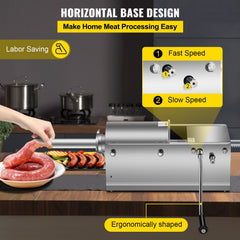 Manual Sausage Stuffer, 3 L / 7 LBS Horizontal Sausage Machine, Dual-Speed Meat Stuffer, Made of Food-Grade 304 Stainless Steel, Includes 5 Stuffing Tubes, for Home Kitchen Restaurant Commercial