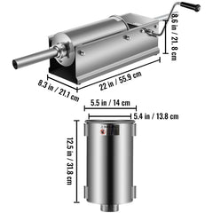 Manual Sausage Stuffer, 5 L / 11 LBS Horizontal Sausage Machine, Dual-Speed Meat Stuffer, Made of Food-Grade 304 Stainless Steel, Includes 5 Stuffing Tubes, for Home Kitchen Restaurant Commercia