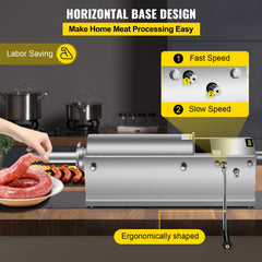 Manual Sausage Stuffer, 5 L / 11 LBS Horizontal Sausage Machine, Dual-Speed Meat Stuffer, Made of Food-Grade 304 Stainless Steel, Includes 5 Stuffing Tubes, for Home Kitchen Restaurant Commercia