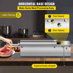 Manual Sausage Stuffer, 7 L / 15 LBS Horizontal Sausage Machine, Dual-Speed Meat Stuffer, Made of Food-Grade 304 Stainless Steel, Includes 5 Stuffing Tubes, for Home Kitchen Restaurant Commercia