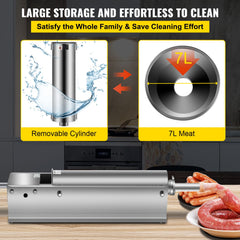 Manual Sausage Stuffer, 7 L / 15 LBS Horizontal Sausage Machine, Dual-Speed Meat Stuffer, Made of Food-Grade 304 Stainless Steel, Includes 5 Stuffing Tubes, for Home Kitchen Restaurant Commercia
