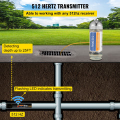 Sonde Locator, 512 Hertz Frequency, Rigid Drain Locator with 8/5" and 1/4-20" Connectors for Locating & Detecting Small Sewer & Pipelines, Up to 25' Depth Water Line, Flashing for Transmitting