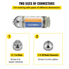 Sonde Locator, 512 Hertz Frequency, Rigid Drain Locator with 8/5" and 1/4-20" Connectors for Locating & Detecting Small Sewer & Pipelines, Up to 25' Depth Water Line, Flashing for Transmitting
