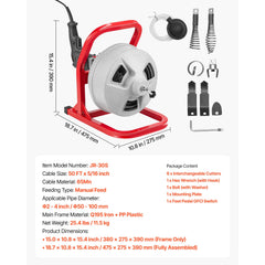 Drain Cleaner Machine 15m x 8mm, Sewer Snake Auger with 228RPM Electric Drill, Manual Feed Drain Cleaning Machine with 6 Cutters & Air-activated Foot Switch for 50mm to 100mm Pipes