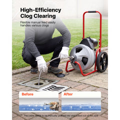 Drain Cleaner Machine 22m x 9.5mm, Sewer Snake Auger Manual Feed on Wheels, Portable Drain Cleaning Machine with 6 Cutters & Air-activated Foot Switch for 50mm to 100mm Pipes