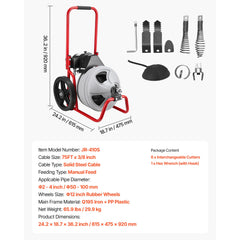 Drain Cleaner Machine 22m x 9.5mm, Sewer Snake Auger Manual Feed on Wheels, Portable Drain Cleaning Machine with 6 Cutters & Air-activated Foot Switch for 50mm to 100mm Pipes