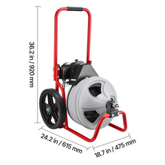 Drain Cleaner Machine 22m x 9.5mm, Sewer Snake Auger Manual Feed on Wheels, Portable Drain Cleaning Machine with 6 Cutters & Air-activated Foot Switch for 50mm to 100mm Pipes