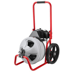 Drain Cleaner Machine 22m x 9.5mm, Sewer Snake Auger Manual Feed on Wheels, Portable Drain Cleaning Machine with 6 Cutters & Air-activated Foot Switch for 50mm to 100mm Pipes