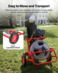 Drain Cleaner Machine 22m x 12.7mm, Sewer Snake Auger on Wheels, Manual Feed Drain Cleaning Machine with Adjustable Drum Angle, 6 Cutters & Air-activated Foot Switch for 50mm to 150mm Pipes