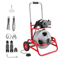 Drain Cleaner Machine 22m x 12.7mm, Sewer Snake Auger on Wheels, Manual Feed Drain Cleaning Machine with Adjustable Drum Angle, 6 Cutters & Air-activated Foot Switch for 50mm to 150mm Pipes