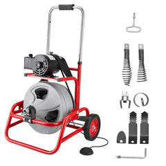 Drain Cleaner Machine 22m x 9.5mm, Sewer Snake Auger on Wheels, Manual Feed Drain Cleaning Machine with Adjustable Drum Angle, 6 Cutters & Air-activated Foot Switch for 50mm to 100mm Pipes