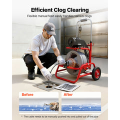 Drain Cleaner Machine 22m x 9.5mm, Sewer Snake Auger on Wheels, Manual Feed Drain Cleaning Machine with Adjustable Drum Angle, 6 Cutters & Air-activated Foot Switch for 50mm to 100mm Pipes