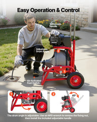 Drain Cleaner Machine 22m x 9.5mm, Sewer Snake Auger on Wheels, Manual Feed Drain Cleaning Machine with Adjustable Drum Angle, 6 Cutters & Air-activated Foot Switch for 50mm to 100mm Pipes