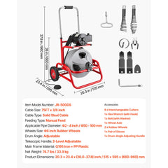 Drain Cleaner Machine 22m x 9.5mm, Sewer Snake Auger on Wheels, Manual Feed Drain Cleaning Machine with Adjustable Drum Angle, 6 Cutters & Air-activated Foot Switch for 50mm to 100mm Pipes