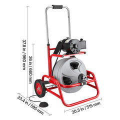 Drain Cleaner Machine 22m x 9.5mm, Sewer Snake Auger on Wheels, Manual Feed Drain Cleaning Machine with Adjustable Drum Angle, 6 Cutters & Air-activated Foot Switch for 50mm to 100mm Pipes