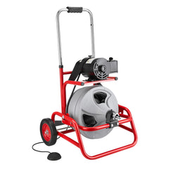 Drain Cleaner Machine 22m x 9.5mm, Sewer Snake Auger on Wheels, Manual Feed Drain Cleaning Machine with Adjustable Drum Angle, 6 Cutters & Air-activated Foot Switch for 50mm to 100mm Pipes
