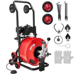 Drain Cleaner Machine 30m x 19mm, Auto Feed Sewer Snake Auger, Portable Drain Cleaning Machine with Multi-Wheel Combination, 6 Cutters & Air-Activated Foot Switch for 100mm to 200mm Pipes