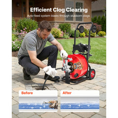 Drain Cleaner Machine 30m x 19mm, Auto Feed Sewer Snake Auger, Portable Drain Cleaning Machine with Multi-Wheel Combination, 6 Cutters & Air-Activated Foot Switch for 100mm to 200mm Pipes