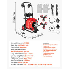 Drain Cleaner Machine 30m x 19mm, Auto Feed Sewer Snake Auger, Portable Drain Cleaning Machine with Multi-Wheel Combination, 6 Cutters & Air-Activated Foot Switch for 100mm to 200mm Pipes