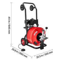 Drain Cleaner Machine 30m x 19mm, Auto Feed Sewer Snake Auger, Portable Drain Cleaning Machine with Multi-Wheel Combination, 6 Cutters & Air-Activated Foot Switch for 100mm to 200mm Pipes
