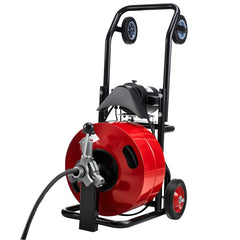 Drain Cleaner Machine 30m x 19mm, Auto Feed Sewer Snake Auger, Portable Drain Cleaning Machine with Multi-Wheel Combination, 6 Cutters & Air-Activated Foot Switch for 100mm to 200mm Pipes