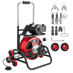 Drain Cleaner Machine 22m x 12.7mm, Auto Feed Sewer Snake Auger, Portable Drain Cleaning Machine with Climbing Wheels, Adjustable Drum, 8 Cutters & Foot Switch for 50mm to 150mm Pipes