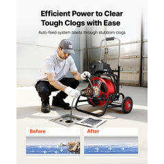 Drain Cleaner Machine 22m x 12.7mm, Auto Feed Sewer Snake Auger, Portable Drain Cleaning Machine with Climbing Wheels, Adjustable Drum, 8 Cutters & Foot Switch for 50mm to 150mm Pipes
