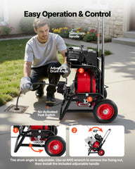 Drain Cleaner Machine 22m x 12.7mm, Auto Feed Sewer Snake Auger, Portable Drain Cleaning Machine with Climbing Wheels, Adjustable Drum, 8 Cutters & Foot Switch for 50mm to 150mm Pipes