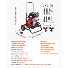 Drain Cleaner Machine 22m x 12.7mm, Auto Feed Sewer Snake Auger, Portable Drain Cleaning Machine with Climbing Wheels, Adjustable Drum, 8 Cutters & Foot Switch for 50mm to 150mm Pipes
