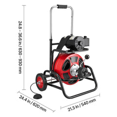 Drain Cleaner Machine 22m x 12.7mm, Auto Feed Sewer Snake Auger, Portable Drain Cleaning Machine with Climbing Wheels, Adjustable Drum, 8 Cutters & Foot Switch for 50mm to 150mm Pipes