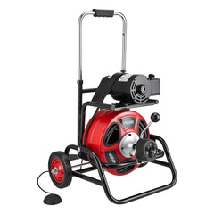 Drain Cleaner Machine 30m x 9.5mm, Auto Feed Sewer Snake Auger, Portable Drain Cleaning Machine with Climbing Wheels, Adjustable Drum, 8 Cutters & Foot Switch for 50mm to 100mm Pipes