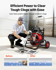 Drain Cleaner Machine 30m x 9.5mm, Auto Feed Sewer Snake Auger, Portable Drain Cleaning Machine with Climbing Wheels, Adjustable Drum, 8 Cutters & Foot Switch for 50mm to 100mm Pipes