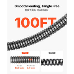 Drain Cleaner Machine 30m x 9.5mm, Auto Feed Sewer Snake Auger, Portable Drain Cleaning Machine with Climbing Wheels, Adjustable Drum, 8 Cutters & Foot Switch for 50mm to 100mm Pipes