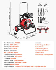 Drain Cleaner Machine 30m x 9.5mm, Auto Feed Sewer Snake Auger, Portable Drain Cleaning Machine with Climbing Wheels, Adjustable Drum, 8 Cutters & Foot Switch for 50mm to 100mm Pipes