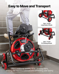 Drain Cleaner Machine 30m x 9.5mm, Auto Feed Sewer Snake Auger, Portable Drain Cleaning Machine with Climbing Wheels, Adjustable Drum, 8 Cutters & Foot Switch for 50mm to 100mm Pipes