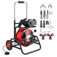 Drain Cleaner Machine 30m x 9.5mm, Auto Feed Sewer Snake Auger, Portable Drain Cleaning Machine with Climbing Wheels, Adjustable Drum, 8 Cutters & Foot Switch for 50mm to 100mm Pipes