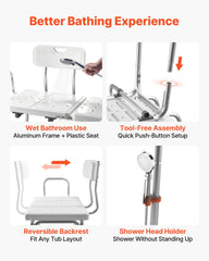 Tub Transfer Bench for Bathtub, 180 kg Capacity Heavy Duty Shower Chair with Arm, Backrest and Curtain Slot, Height Adjustable Shower Bench Bath Seat for Adults, Seniors, Elderly and Disabled
