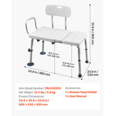 Tub Transfer Bench for Bathtub, 180 kg Capacity Heavy Duty Shower Chair with Arm, Backrest and Curtain Slot, Height Adjustable Shower Bench Bath Seat for Adults, Seniors, Elderly and Disabled