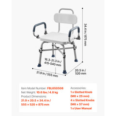 Swivel Shower Chair with Arms and Back, 227 kg Load Heavy Duty Bench Seat for Inside Shower Stall and Bathtub, Height Adjustable Bathroom Bath Tub Seat for Adults, Seniors, Elderly and Disabled